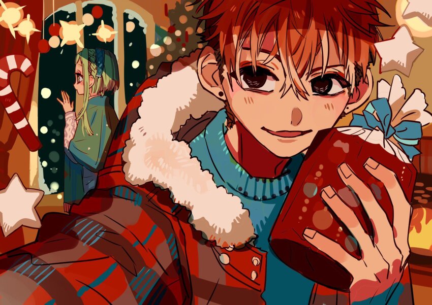 aqua_sweater, arched_window, candy, candy_cane, christmas, christmas_tree, crooked_smile, earrings