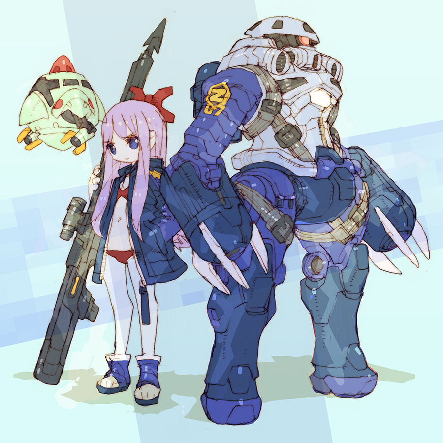 1girl, bikini, blue_coat, blue_eyes, claws, coat, commentary_request, gundam