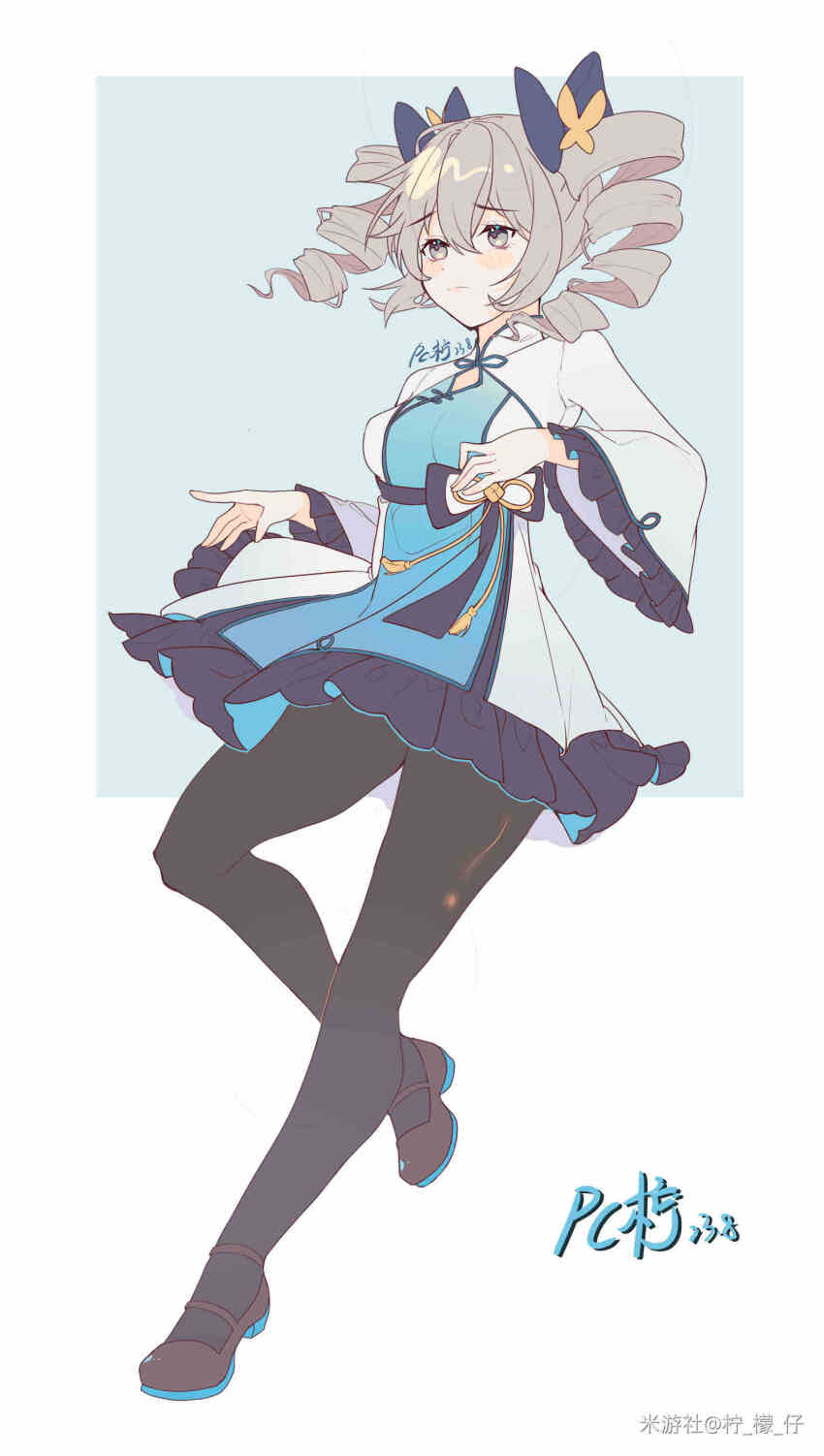 1girl, absurdres, honkai_gakuen, black_pantyhose, blue_dress, blue_shoes, blush, bow