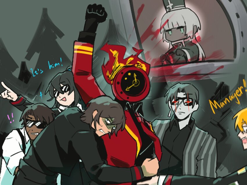 !, !!, 1other, 2024_attempted_assassination_of_donald_trump, 3boys, 3girls, :d, arm_up, black_gloves, black_hair, black_jacket, black_pants, black_shirt, blood, blunt_bangs, brown_hair, charon_(project_moon), clenched_teeth, clock, closed_mouth, coat, collared_shirt, colored_skin, commentary, dante_(limbus_company), dark-skinned_male, dark_skin, don_quixote_(project_moon), earrings, english_commentary, english_text, forest, gloves, glowing, glowing_eyes, goawat, green_eyes, grey_coat, grey_hair, grey_hat, grey_skin, hair_between_eyes, hat, heathcliff_(project_moon), highres, hong_lu_(project_moon), jacket, jewelry, limbus_company, long_sleeves, meme, mephistopheles_(project_moon), multiple_boys, multiple_girls, nature, necktie, object_head, open_mouth, orange_hair, outis_(project_moon), pants, pointing, politics, ponytail, project_moon, red_coat, red_eyes, red_necktie, scar, scar_on_face, shako_cap, shirt, single_earring, smile, striped_coat, sunglasses, suspenders, sweat, teeth, tree, twintails, vergilius_(project_moon), vertical-striped_coat, white_hair, white_shirt, wing_collar