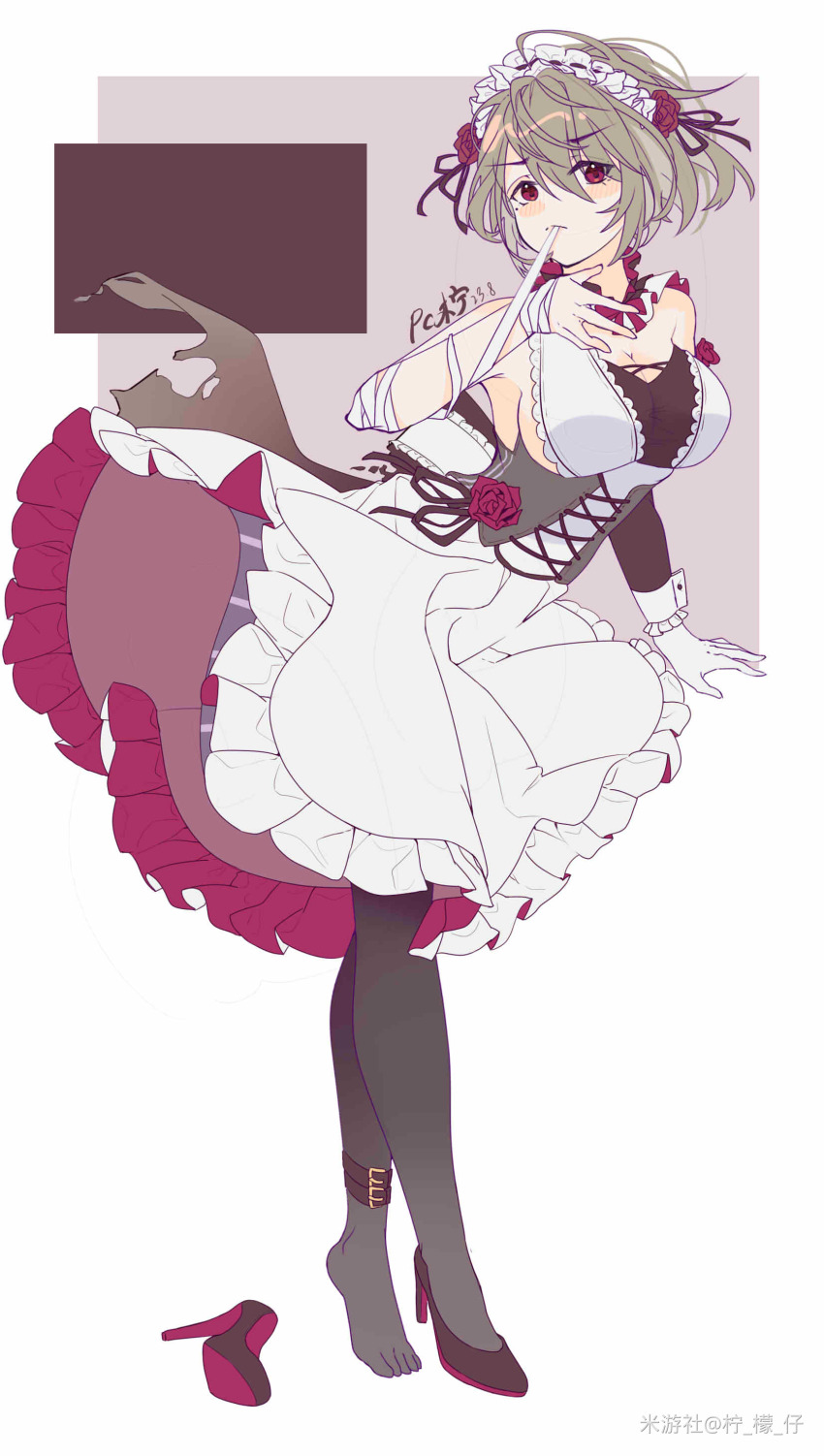 1girl, absurdres, bandages, bare_shoulders, honkai_gakuen, black_pantyhose, black_shoes, breasts, brown_hair, cleavage, closed_mouth, dress, flower, full_body, gloves, hair_flower, hair_ornament, high_heels, highres, honkai_(series), maid, maid_headdress, multicolored_hair, pantyhose, pc_ning, purple_eyes, purple_shoes, rita_rossweisse, shoes, single_glove, solo, two-tone_hair, unworn_shoes, white_dress, white_gloves