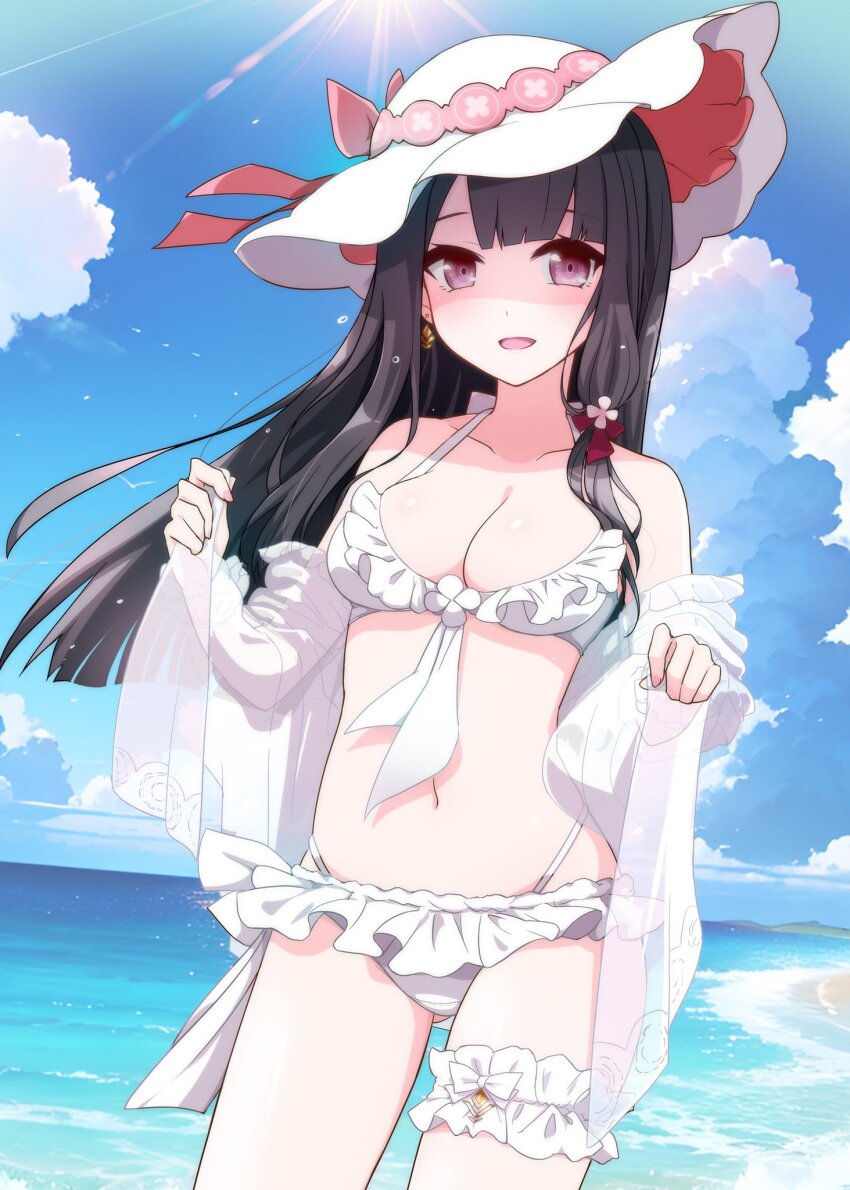 1girl, beach, bikini, black_hair, frills, hat, highres, looking_at_viewer, orange-bird, pink_eyes, pink_ribbon, ribbon, see-through_clothes, see-through_sleeves, suishinshi_masahide_(tenka_hyakken), sun_hat, swimsuit, tenka_hyakken, white_bikini, white_hat