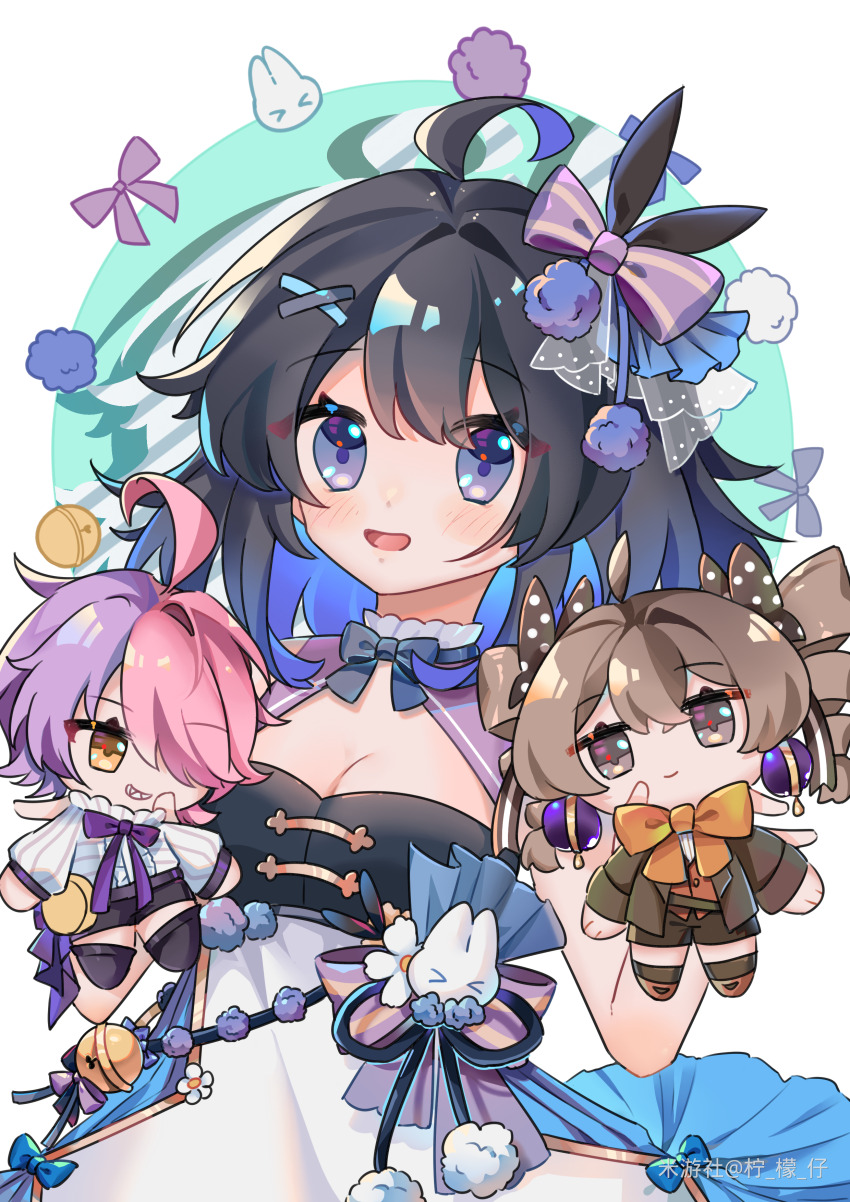 1girl, absurdres, ahoge, honkai_gakuen, black_hair, blue_eyes, bow, bowtie