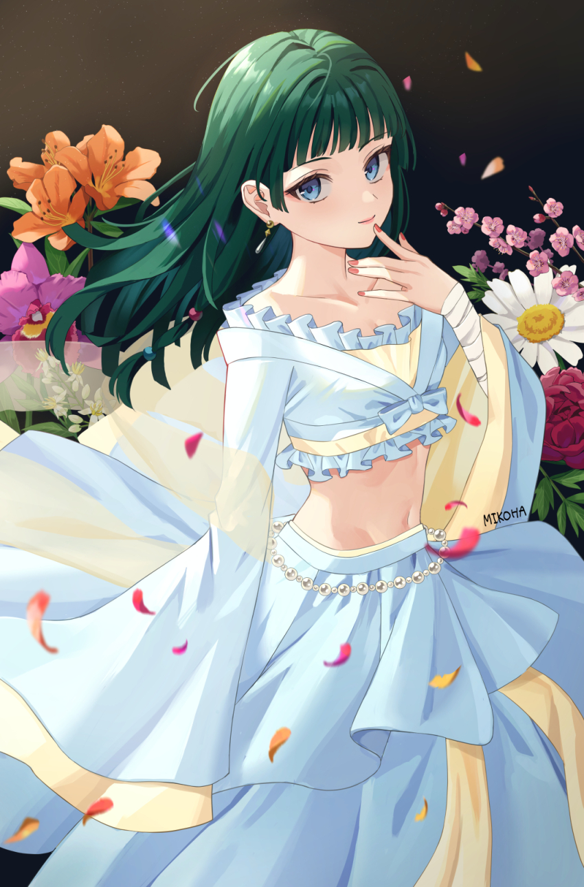 1girl, bandages, blue_eyes, blue_skirt, closed_mouth, crop_top, earrings, flower