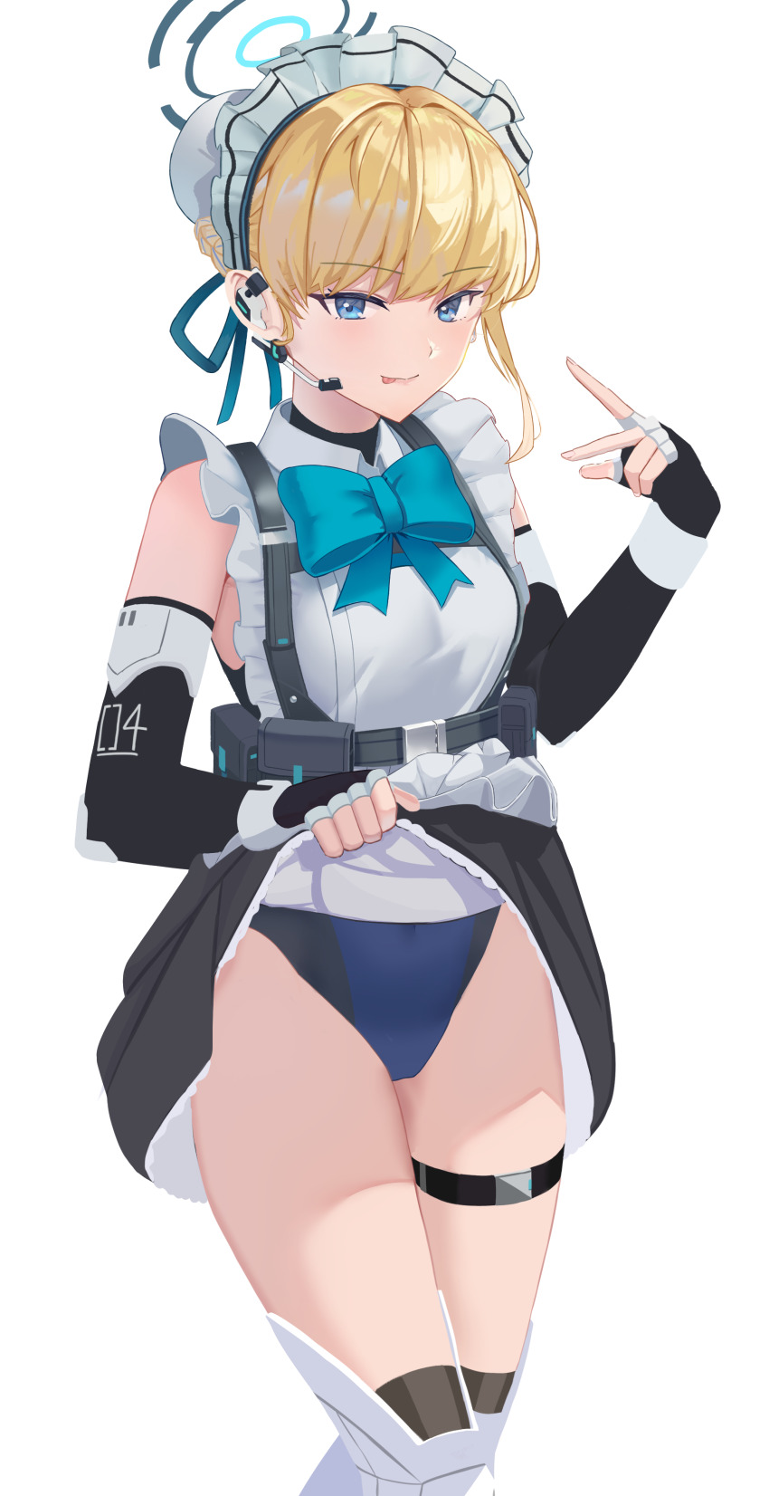 1girl, absurdres, apron, black_dress, black_sleeves, blonde_hair, blue_archive, blue_eyes, blue_halo, boots, bun_cover, clothes_lift, detached_sleeves, dress, dress_lift, earpiece, hair_bun, halo, hand_up, highres, knee_boots, lifting_own_clothes, maid, maid_apron, maid_headdress, nanado27_7, simple_background, solo, swimsuit, swimsuit_under_clothes, thigh_strap, toki_(blue_archive), tongue, tongue_out, v, white_apron, white_background