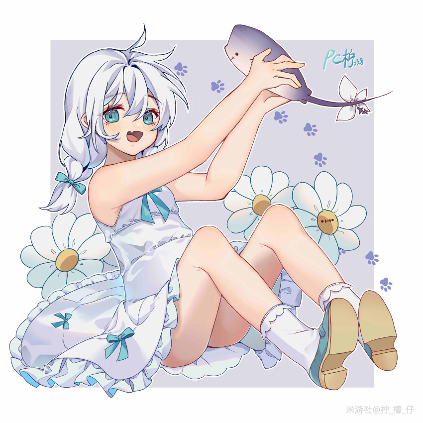 1girl, absurdres, animal, honkai_gakuen, blue_eyes, blue_shoes, dress, flower