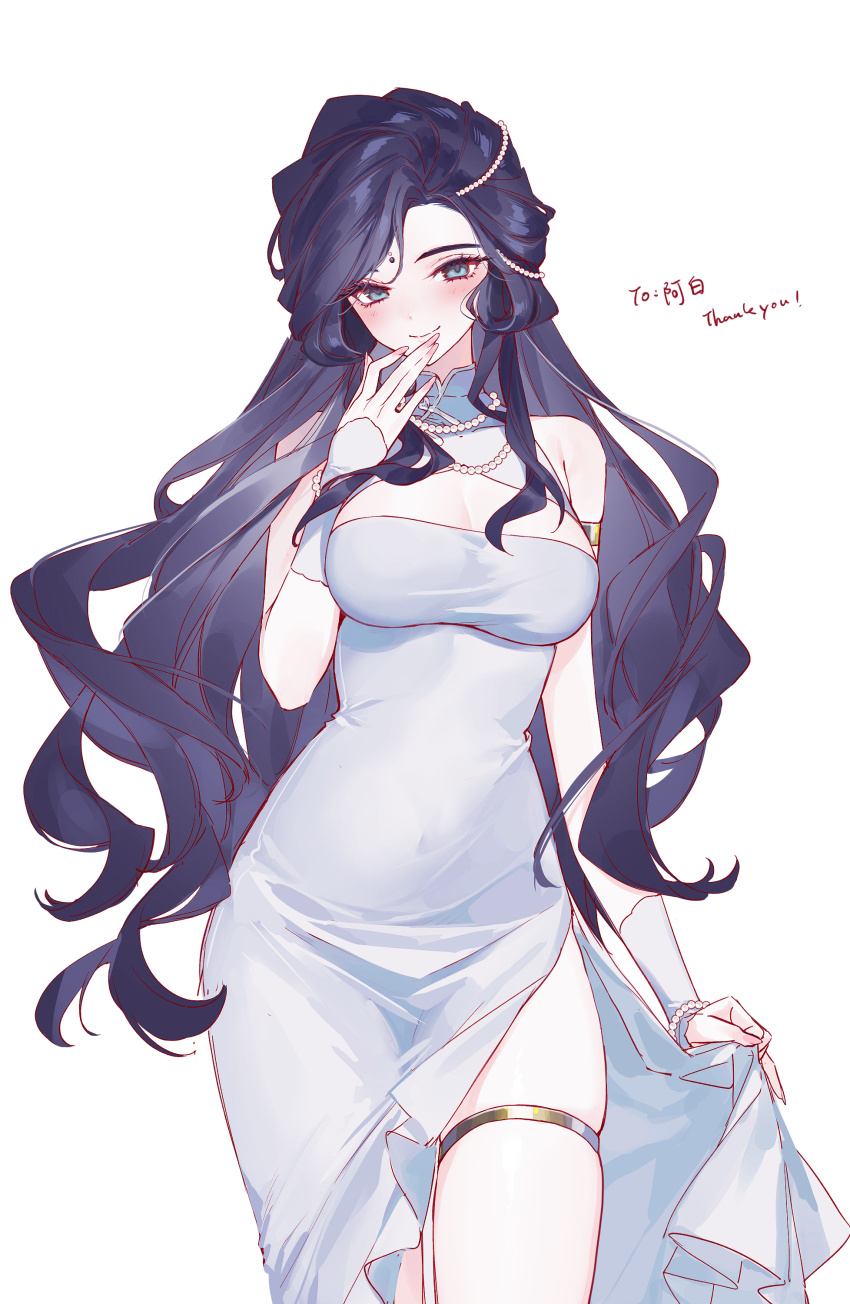 1girl, absurdres, bare_shoulders, blue_eyes, blue_hair, bracelet, breasts, cleavage