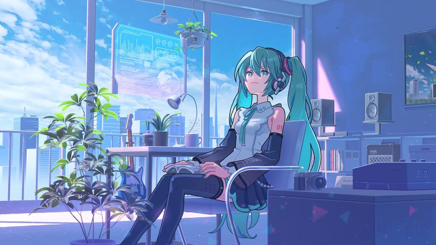 1girl, album_cover, aqua_eyes, aqua_hair, aqua_nails, aqua_ribbon, bare_shoulders, black_skirt, black_sleeves, black_thighhighs, book, book_on_lap, bookshelf, camera, chair, cityscape, clock, cloud, commentary, cover, cup, desk_lamp, detached_sleeves, digital_clock, earth_(planet), electric_guitar, feet_out_of_frame, guitar, hair_ornament, hanging_plant, hatsune_miku, hatsune_miku_(nt), headphones, highres, holographic_monitor, indoors, instrument, lamp, layered_sleeves, long_hair, looking_up, miniskirt, mixing_console, mug, neck_ribbon, open_book, otomica, piapro_studio, planet, plant, pleated_skirt, potted_plant, ribbon, scenery, see-through_clothes, see-through_sleeves, shelf, shirt, sitting, skirt, sleeveless, sleeveless_shirt, smile, solo, speaker, stereo, table, thighhighs, twintails, very_long_hair, vocaloid, white_shirt, white_sleeves