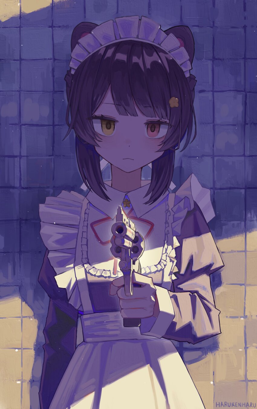 1girl, absurdres, aiming, aiming_at_viewer, animal_ears, apron, artist_name, brown_hair