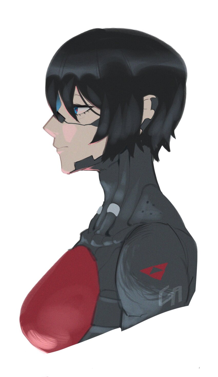 1girl, android, black_hair, blue_eyes, elster_(signalis), gretarting, highres, short_hair