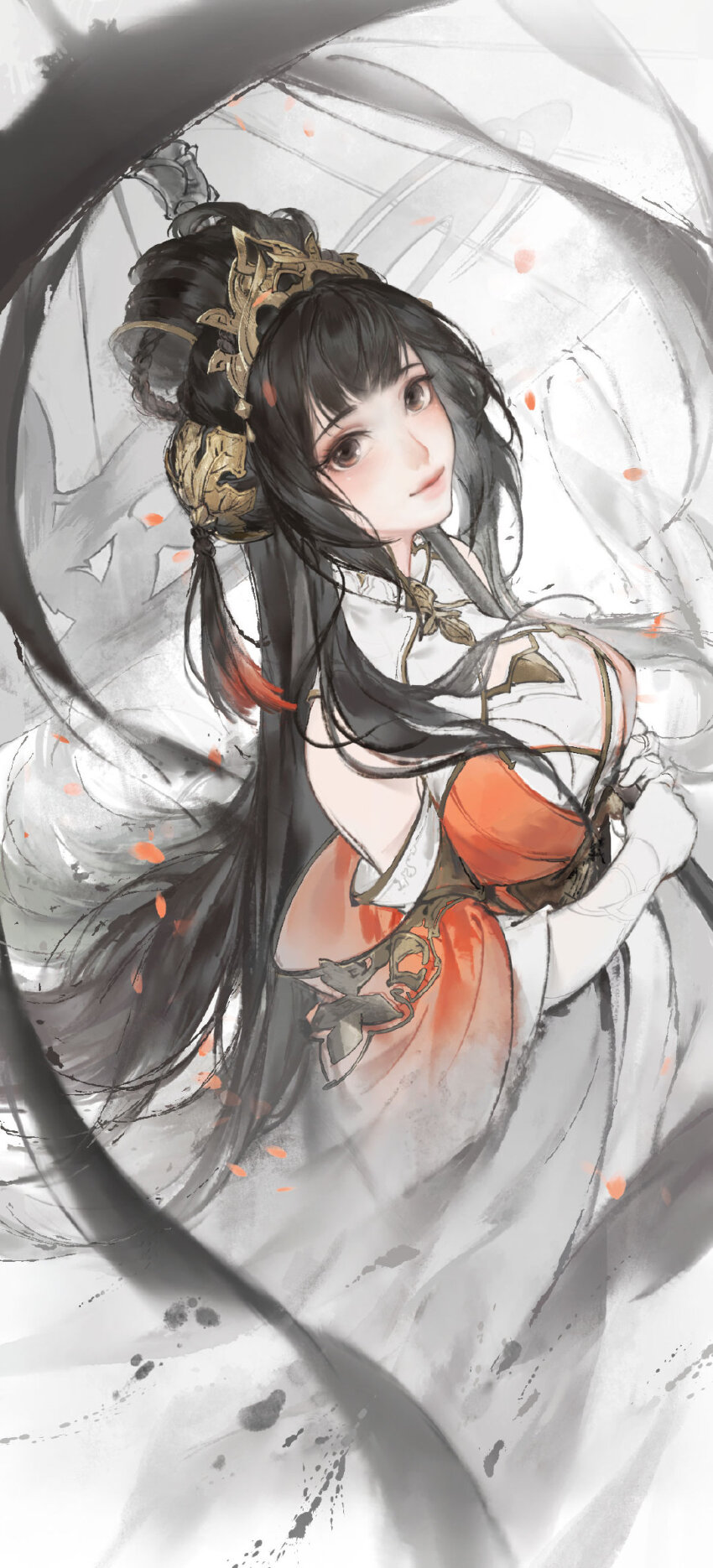 1girl, artist_request, bare_shoulders, black_hair, black_umbrella, blunt_bangs, breasts, bridal_gauntlets, brown_eyes, bun_cover, chinese_commentary, cleavage_cutout, closed_mouth, clothing_cutout, collared_dress, commentary_request, cowboy_shot, da_qiao_(orient_arcadia), detached_sleeves, dress, eyelashes, gold_tiara, gradient_sleeves, grey_shirt, hair_bun, hair_ornament, highres, holding, holding_umbrella, large_breasts, light_blush, long_dress, long_hair, long_sleeves, looking_at_viewer, official_art, oil-paper_umbrella, orange_sleeves, orient_arcadia, petals, pink_lips, rose_petals, second-party_source, shirt, single_side_bun, sleeveless, sleeveless_dress, smile, smoke, solo, tassel, tassel_hair_ornament, tiara, umbrella, umbrella_over_shoulder, very_long_hair, white_background, white_bridal_gauntlets, white_dress