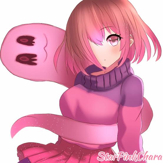 akumu_(glitchtale), bete_noire, brown_hair, glitchtale, kumu_(glitchtale), pink_eyes, pink_hair, pink_sweater, purple_background, red_skirt, short_hair, skirt, smile, star_pink_chara, star_pink_character_(artist), sweater, undertale, utdr_(toby_fox), white_background