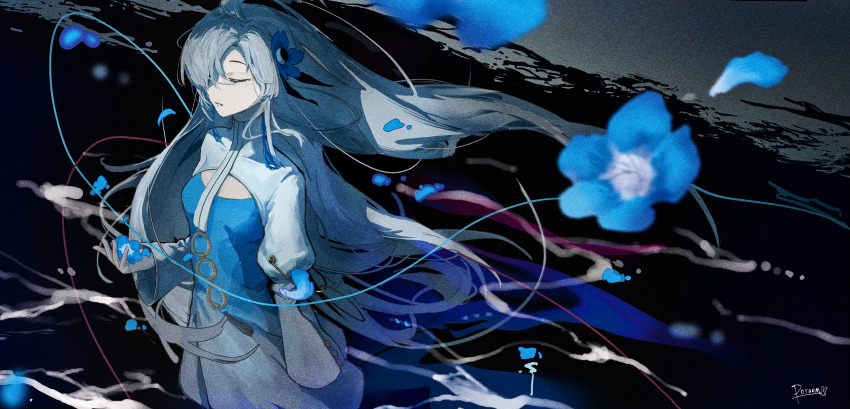 1girl, abstract_background, absurdres, anemone_(flower), black_background, black_ribbon, blue_dress, blue_flower