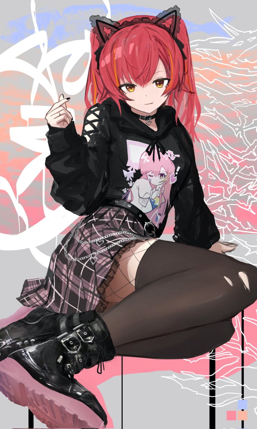 1girl, animal_ears, belt, black_footwear, black_nails, brown_eyes, cat_ears, chain