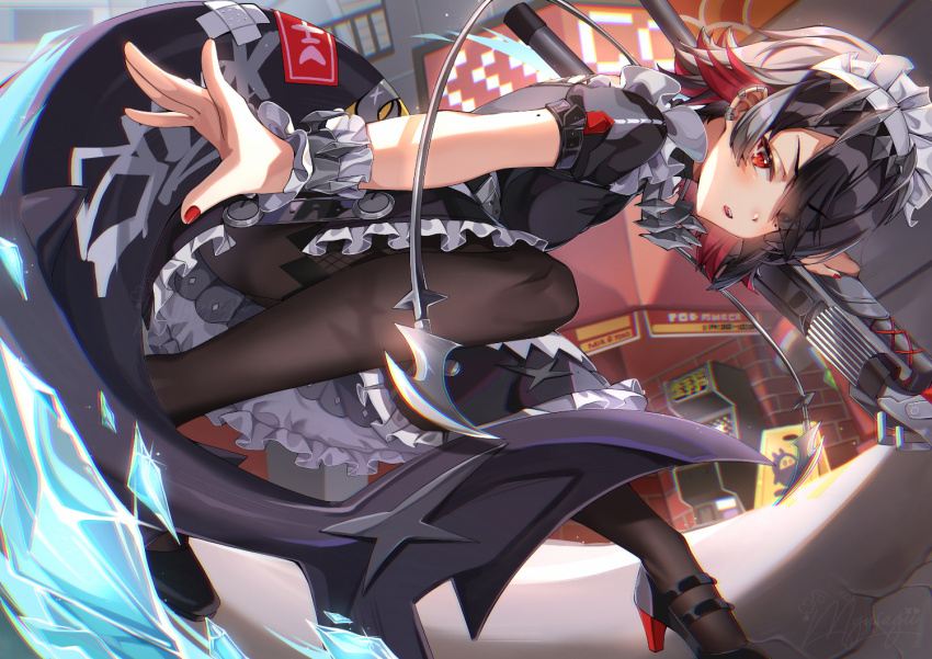 1girl, black_hair, black_pantyhose, commentary, ellen_joe, fingernails, fins, fish_tail, looking_at_viewer, maid, maid_headdress, mole, mole_on_arm, mole_under_eye, multicolored_hair, myusagii, nail_polish, pantyhose, puffy_short_sleeves, puffy_sleeves, red_eyes, red_hair, red_nails, shark_girl, shark_tail, short_hair, short_sleeves, solo, tail, two-tone_hair, zenless_zone_zero