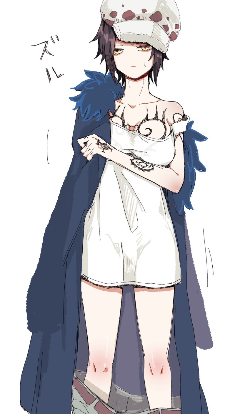 1girl, arm_tattoo, black_hair, breast_tattoo, breasts, canon_genderswap, cape, denim, fur_cape, fur_hat, genderswap, genderswap_(mtf), hand_tattoo, hat, highres, jeans, k84612, medium_breasts, one_piece, oversized_clothes, pants, short_hair, solo, tank_top, tattoo, trafalgar_law, trafalgar_law_(female), yellow_eyes