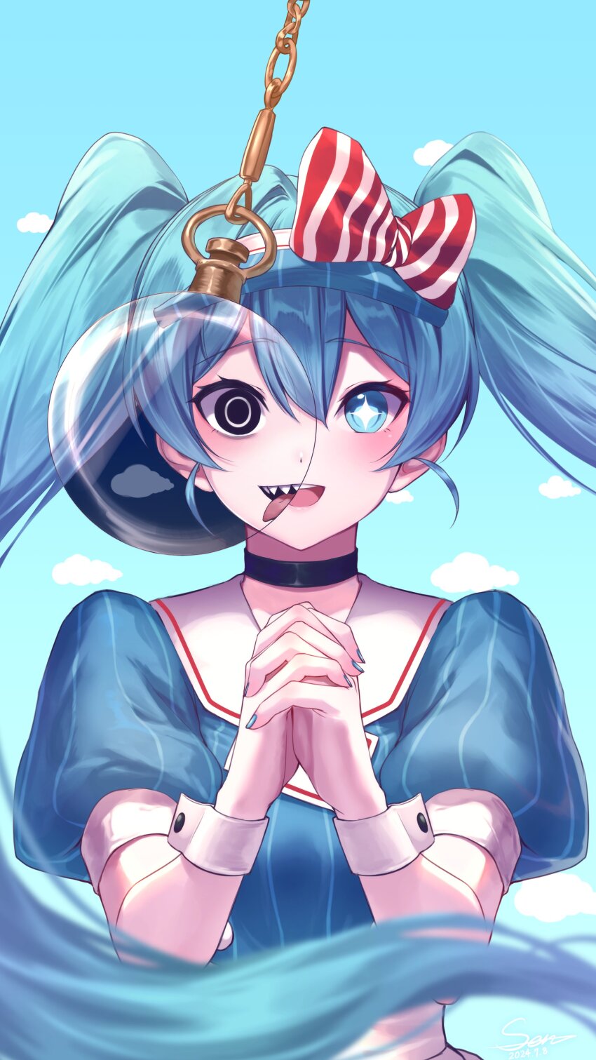 +_+, 1girl, absurdres, apron, aqua_eyes, aqua_hair, black_choker, black_mouth