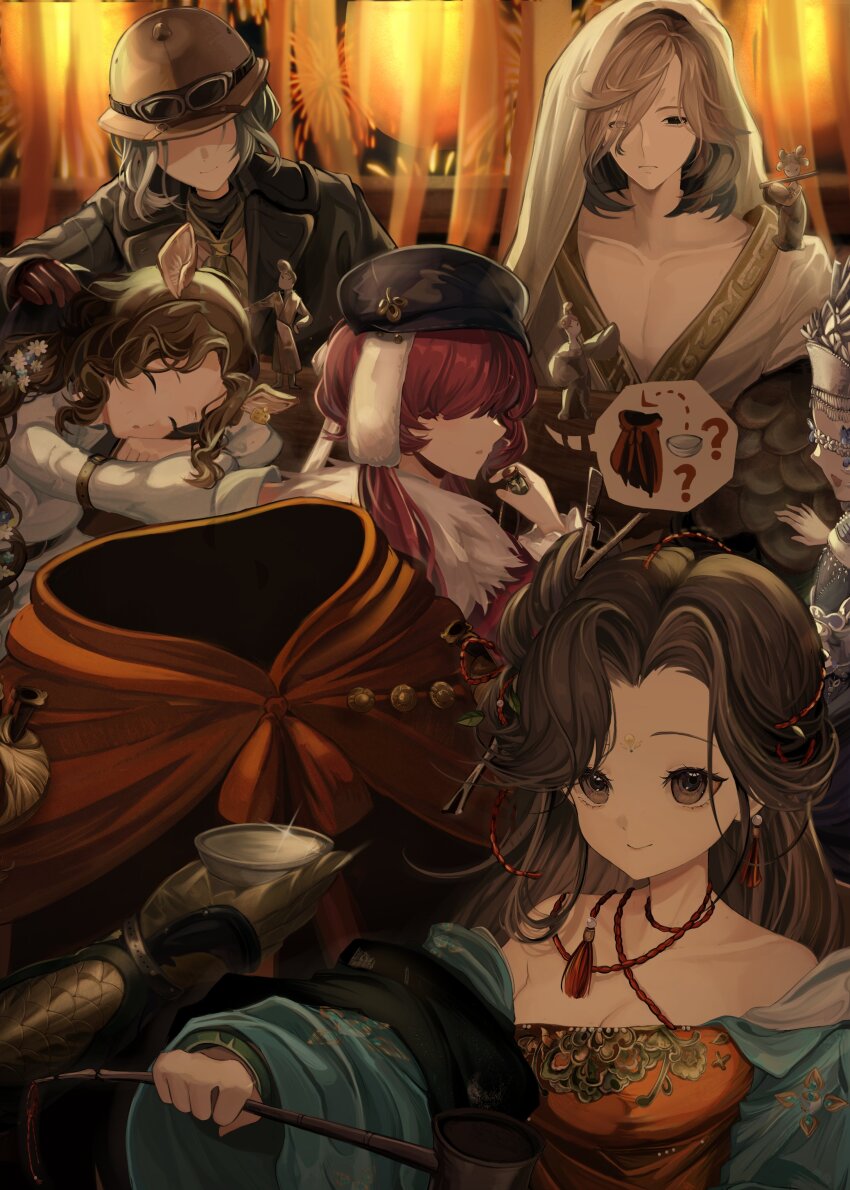 2boys, 5girls, ?, a_knight_(galloping_across_the_times)_(reverse:1999), a_knight_(reverse:1999), absurdres, alcohol, animal_ears