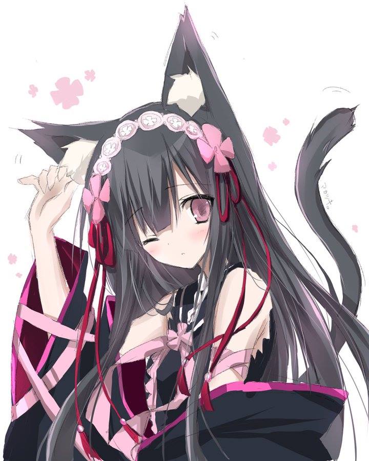akatsuki_(ggsy7885), animal_ears, bare_shoulders, black_dress, black_hair, bow, cat_ears, cat_tail