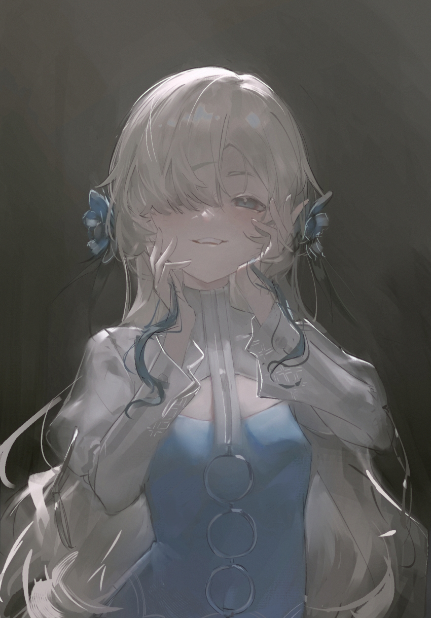 1girl, anemone_(flower), blue_dress, blue_eyes, blue_flower, blue_hair, blush, commentary_request