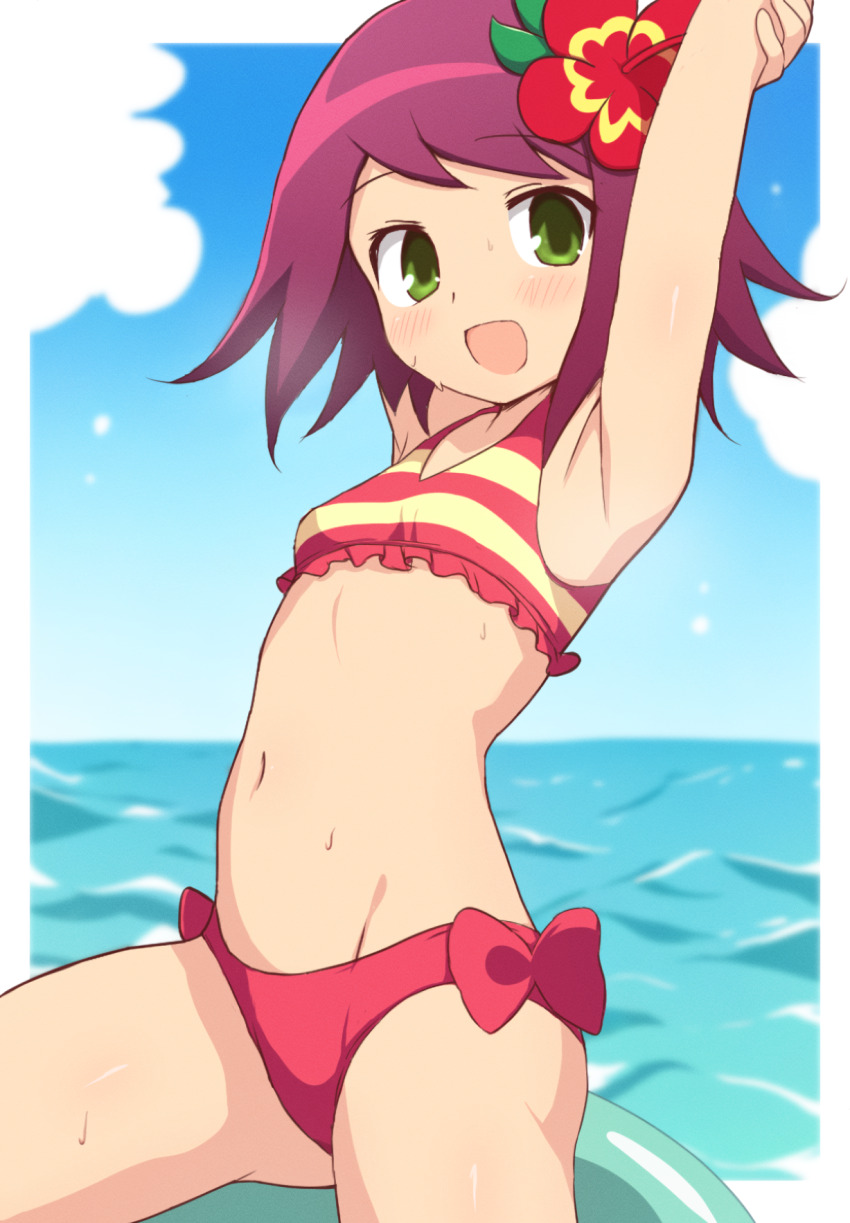 1girl, armpits, arms_up, bikini, blurry, blurry_background, border, bow, bow_bikini, breasts, commentary, cowboy_shot, curakuru, flower, frilled_bikini, frills, green_eyes, hair_flower, hair_ornament, highres, medium_hair, mega_man_(series), mega_man_star_force_(series), mega_man_star_force_2, multicolored_bikini, navel, ocean, official_alternate_costume, outside_border, red_bikini, red_bow, red_flower, red_hair, sitting, small_breasts, solo, sonia_strumm_(mega_man), stomach, striped_bikini, striped_clothes, swimsuit, two-tone_bikini, white_border, yellow_bikini