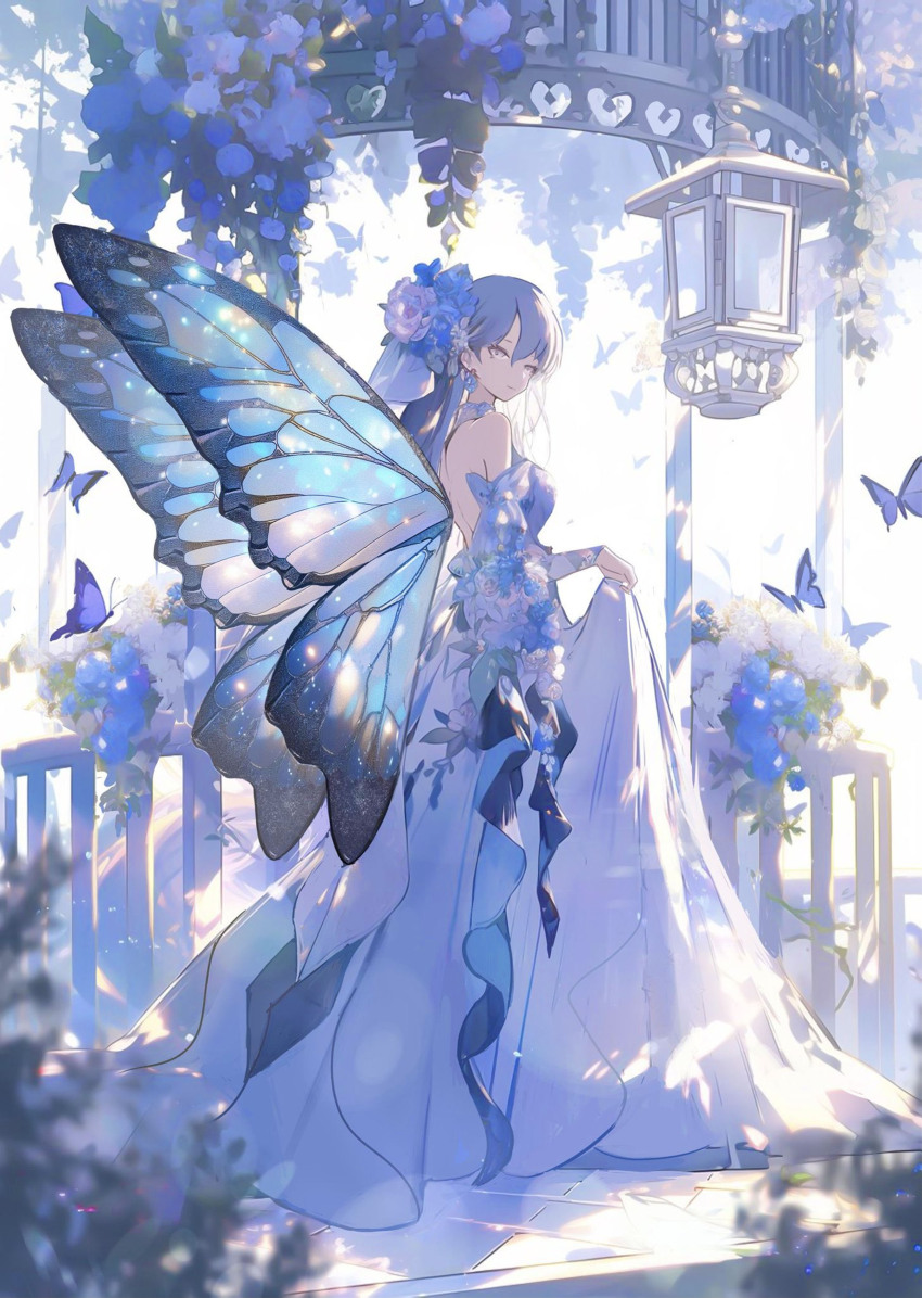 1girl, absurdres, bare_shoulders, blue_butterfly, blue_flower, blue_theme, blurry, blurry_foreground, bug, butterfly, butterfly_wings, chromatic_aberration, clothes_lift, detached_sleeves, dress, flower, from_side, gazebo, hair_flower, hair_ornament, highres, holding_own_dress, insect, insect_wings, lantern, light_particles, long_dress, long_hair, looking_at_viewer, looking_back, mizuiro_abokado, original, princess, solo, standing, white_dress, white_flower, white_hair, wings