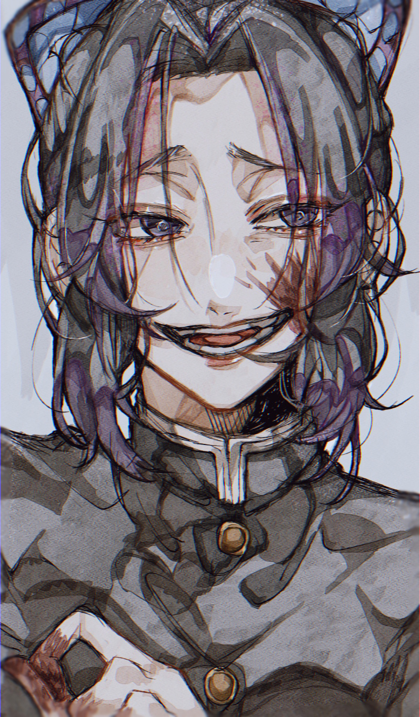 1girl, black_hair, blood, blood_on_face, close-up, demon_slayer_uniform, highres, kimetsu_no_yaiba, kochou_shinobu, mino_iii, multicolored_hair, parted_bangs, purple_eyes, purple_hair, solo, two-tone_hair