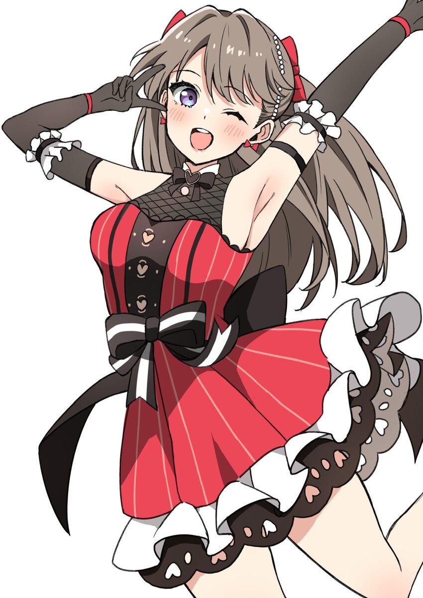 1girl, ;d, armpits, arms_up, bien_(djpwjd1), black_bow, black_bowtie, black_gloves, blush, bow, bowtie, breasts, brown_hair, cowboy_shot, dress, elbow_gloves, frilled_dress, frills, fujishima_megumi, gloves, hair_ribbon, highres, large_breasts, leg_up, link!_like!_love_live!, long_hair, looking_at_viewer, love_live!, miracreation, one_eye_closed, open_mouth, purple_eyes, red_dress, red_ribbon, ribbon, round_teeth, short_dress, simple_background, sleeveless, sleeveless_dress, smile, solo, split_mouth, teeth, two_side_up, upper_teeth_only, v, v_over_eye, virtual_youtuber, white_background