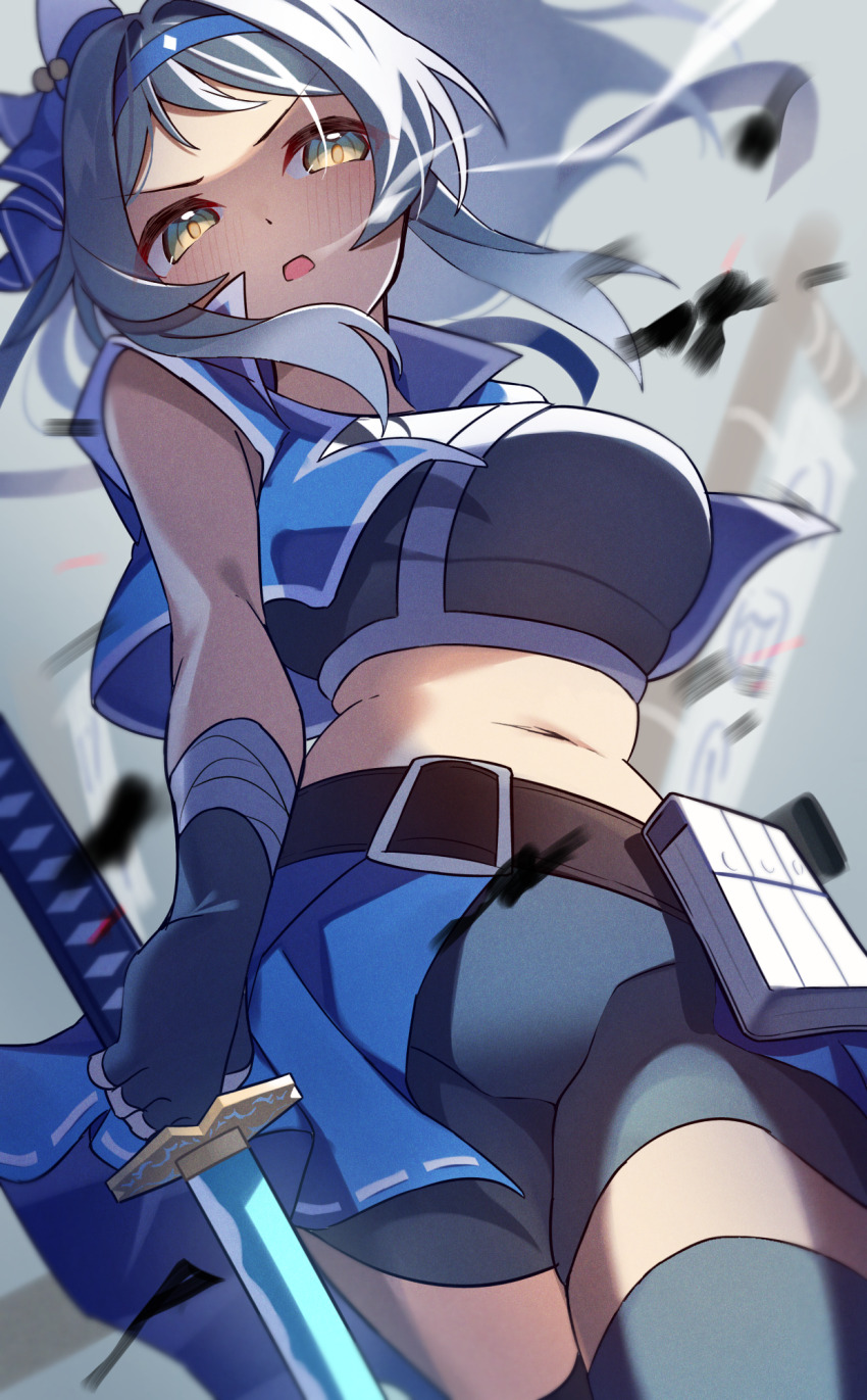 1girl, alternate_costume, animal_ears, banner, belt, bike_shorts, blush, breasts