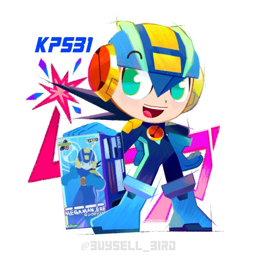 1boy, artist_name, blue_bodysuit, blue_helmet, bodysuit, brown_hair, buysell_bird, character_name