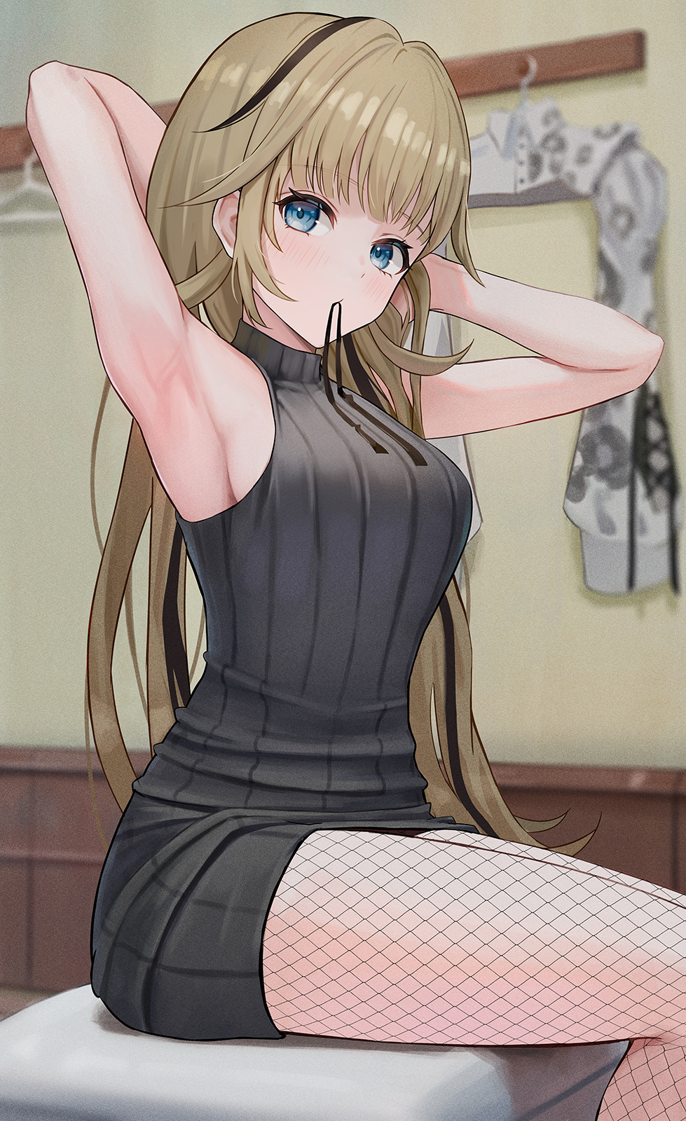 1girl, armpits, arms_behind_head, black_dress, black_hair, blue_eyes, breasts, brown_hair, commentary_request, dress, fishnet_pantyhose, fishnets, hanabusa_lisa, hanabusa_lisa_(4th_costume), highres, indoors, long_hair, looking_at_viewer, mawarru, medium_breasts, mouth_hold, multicolored_hair, official_alternate_costume, pantyhose, sitting, sleeveless, sleeveless_dress, solo, streaked_hair, virtual_youtuber, vspo!