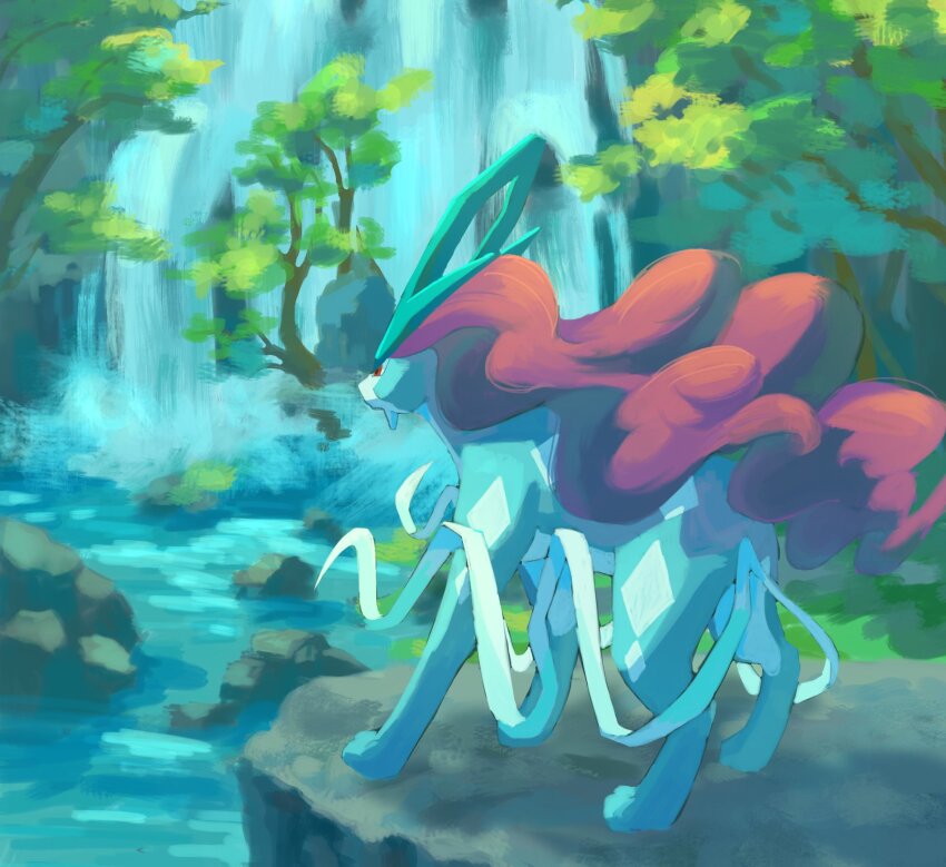 all_fours, blue_fur, body_fur, dog, gen_2_pokemon, highres, keruasu0629, lake