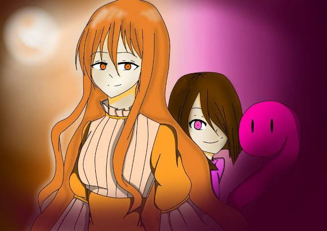 agate_lightvale, akumu_(glitchtale), background-color, bete_noire, brown_hair, dress, glitchtale, kumu_(glitchtale)