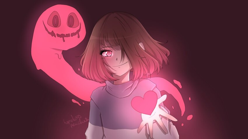 akumu_(glitchtale), background-color, bete_noire, brown_hair, glitchtale, highres, kumu_(glitchtale), pink_eyes