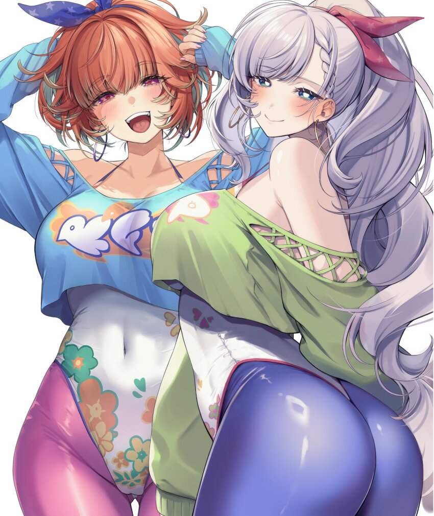 2girls, arms_up, ass, blue_eyes, blush, braid, braided_bangs, breasts, bright_pupils, closed_mouth, cosplay, covered_navel, cropped_sweater, earrings, floral_print, from_side, gluteal_fold, green_sweater, grey_hair, hair_ribbon, heart, highleg, highleg_leotard, highres, hololive, hololive_english, hololive_indonesia, hoop_earrings, impossible_clothes, impossible_leotard, jewelry, large_breasts, leggings, leotard, long_hair, long_sleeves, looking_at_viewer, multicolored_hair, multiple_girls, navel, off-shoulder_sweater, off_shoulder, official_alternate_costume, open_mouth, orange_hair, pantyhose, pavolia_reine, pink_leggings, ponytail, purple_eyes, purple_leggings, red_ribbon, ribbon, shiny_clothes, simple_background, sleeves_past_wrists, smile, solo, sweater, takanashi_kiara, takanashi_kiara_(fever_night), takanashi_kiara_(cosplay), tarou_(komekueyo), teeth, thigh_gap, thong_leotard, tongue, turning_head, upper_teeth_only, very_long_hair, virtual_youtuber, white_background, white_leotard, white_pupils