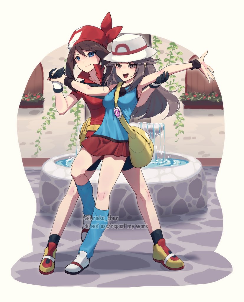 2girls, ariekochan, armpits, bag, bandana, bike_shorts, black_shorts, blue_eyes