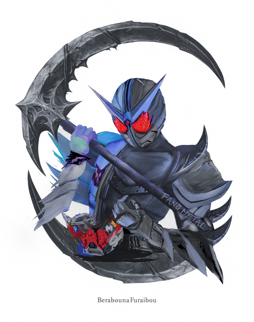 1boy, absurdres, armor, black_armor, character_name, doubledriver, fang_memory, fuuto_tantei, highres, holding, holding_scythe, kamen_rider, kamen_rider_double, kamen_rider_double_(fangmetal), kamen_rider_w, male_focus, metal_memory, obakelope0530, power_armor, red_eyes, scythe, simple_background, solo, upper_body, white_armor, white_background
