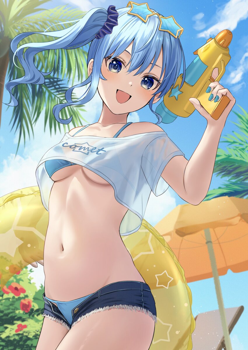 1girl, absurdres, alternate_costume, bare_shoulders, bikini, bikini_under_clothes, blue-tinted_eyewear, blue_bikini, blue_eyes, blue_hair, blue_shirt, breasts, collarbone, cowboy_shot, cropped_shirt, denim, denim_shorts, eyewear_on_head, highres, holding, holding_sword, holding_water_gun, holding_weapon, hololive, hoshimachi_suisei, long_hair, looking_at_viewer, nail_polish, nakaneabura8623, navel, off-shoulder_shirt, off_shoulder, open_mouth, palm_tree, parasol, see-through_clothes, see-through_shirt, shirt, shorts, side_ponytail, small_breasts, smile, solo, standing, star-shaped_eyewear, star_(symbol), sunglasses, swimsuit, sword, tinted_eyewear, tree, umbrella, virtual_youtuber, water_gun, weapon, wet, white_shirt