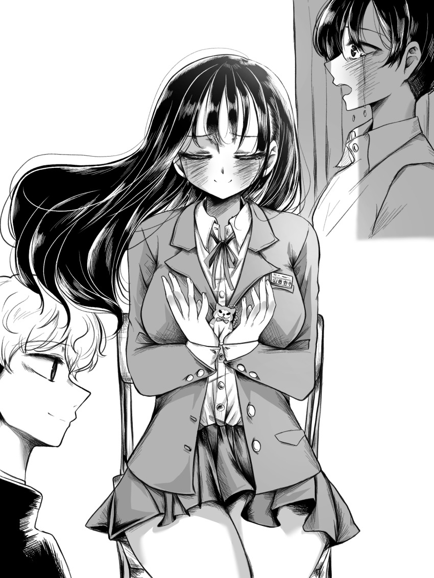 1girl, 2boys, ao_tanuki, blazer, blush, boku_no_kokoro_no_yabai_yatsu, chair, closed_eyes, collared_shirt, crying, crying_with_eyes_open, highres, holding, holding_toy, ichikawa_kyoutarou, jacket, long_hair, miniskirt, monochrome, multiple_boys, name_tag, nanjou_haruya, neck_ribbon, on_chair, pleated_skirt, profile, ribbon, shirt, short_hair, sitting, skirt, tears, toy, yamada_anna