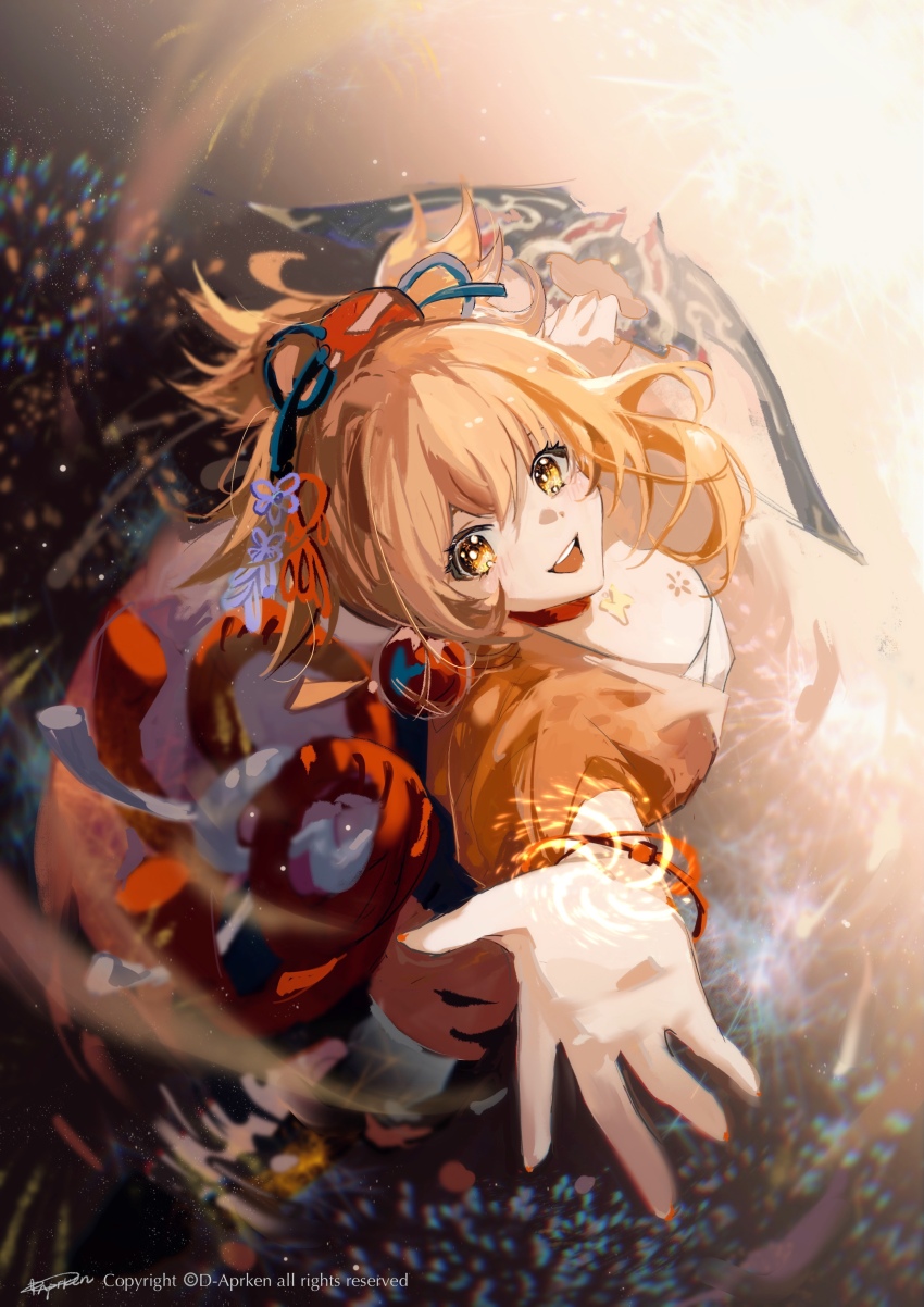 1girl, absurdres, aerial_fireworks, artist_name, bandages, blonde_hair, blush, bow_(weapon)