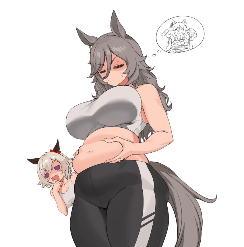 2girls, :t, =_=, animal_ears, belly, belly_grab, black_pants, bow