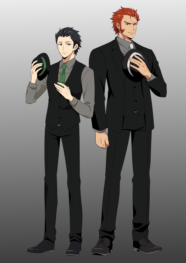 2boys, baek_yoon-ho, black_footwear, black_hair, black_hat, black_pants, black_suit, black_vest