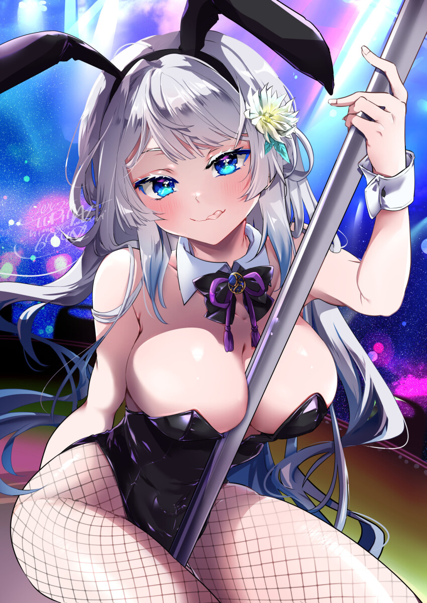 1girl, animal_ears, black_bow, black_bowtie, black_leotard, blue_eyes, bow, bowtie, commission, detached_collar, fake_animal_ears, fishnet_pantyhose, fishnets, grey_hair, highres, himeyamayuri, indie_virtual_youtuber, indoors, leotard, long_hair, machizuki_izayoi, pantyhose, playboy_bunny, pole, rabbit_ears, skeb_commission, solo, strapless, strapless_leotard, stripper_pole, v, virtual_youtuber, wrist_cuffs