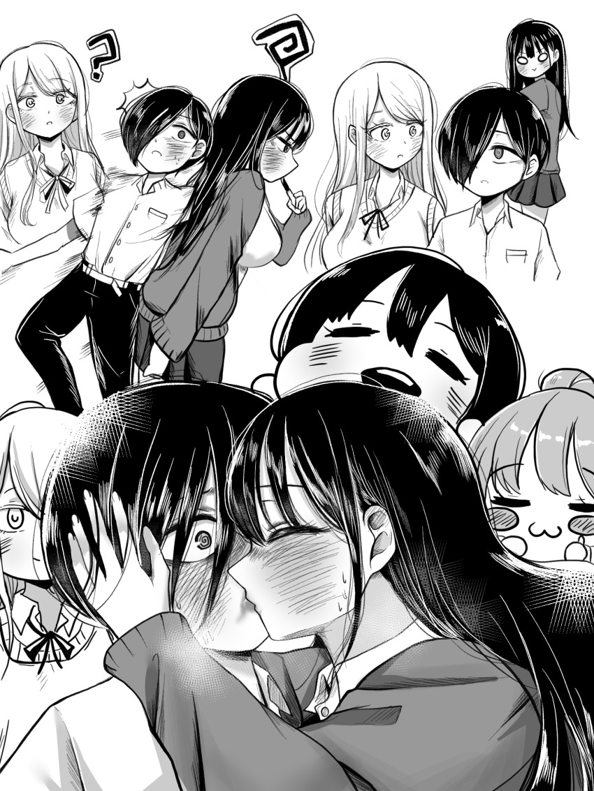 1boy, 4girls, ?, ao_tanuki, blazer, blush, boku_no_kokoro_no_yabai_yatsu, cardigan