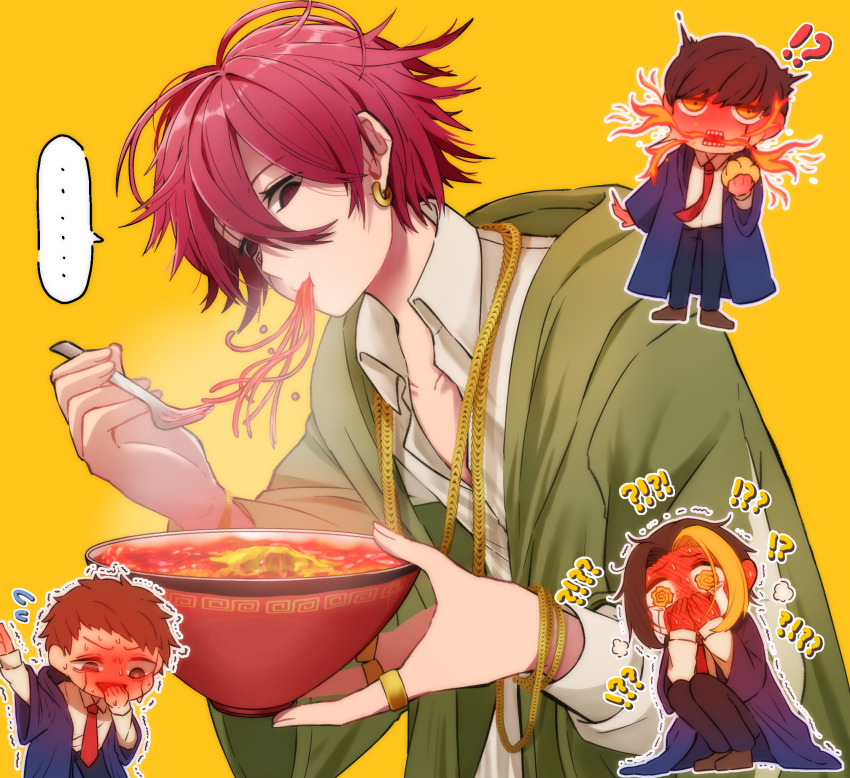 !?, 4boys, black_hair, black_robe, blonde_hair, blush, breath_weapon, breathing_fire, brown_hair, carpaccio_luo-yang, chain, chain_necklace, collared_shirt, cream_puff, eating, facial_mark, finn_ames, fire, food, fork, full-face_blush, gintarou_des, green_robe, highres, jewelry, long_sleeves, mash_burnedead, mashle, max_land, meandros, multiple_boys, necklace, necktie, noodles, open_mouth, ramen, red_hair, red_necktie, ring, robe, shirt, short_hair, spicy, white_shirt, yellow_eyes
