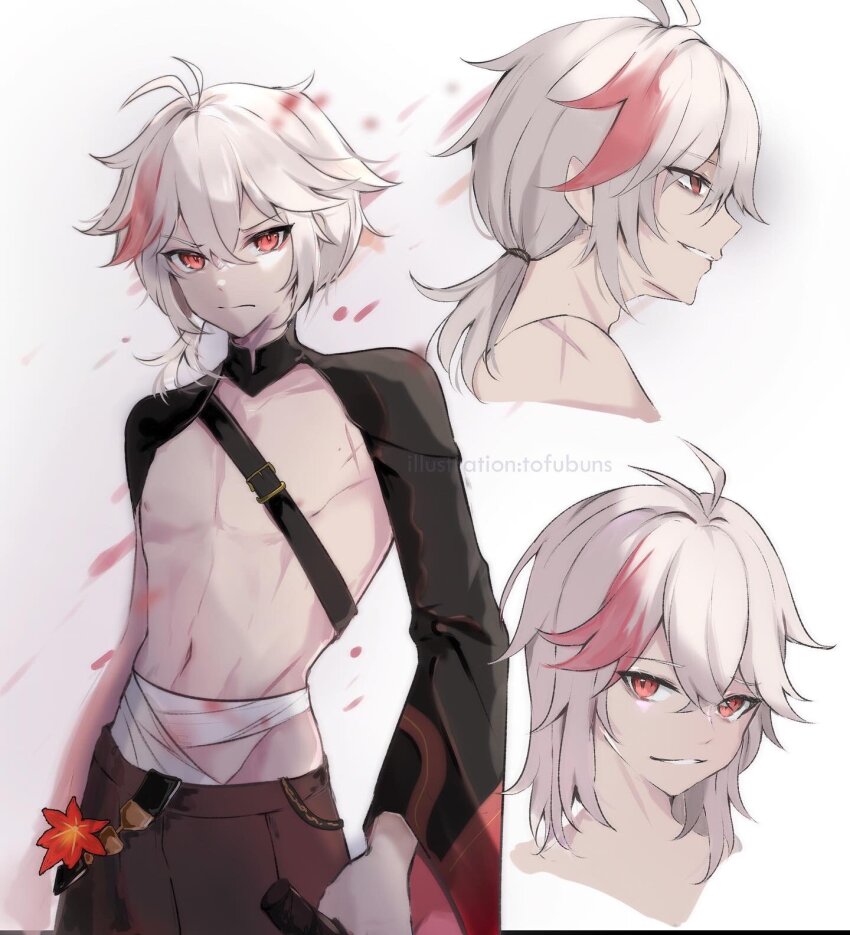 1boy, bandages, black_shirt, brown_pants, closed_mouth, genshin_impact, grey_hair, highres