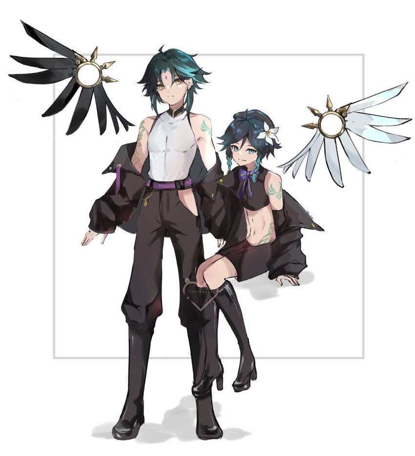 2boys, ahoge, anemo_symbol_(genshin_impact), aqua_hair, arm_tattoo, black_hair, black_hat, black_jacket