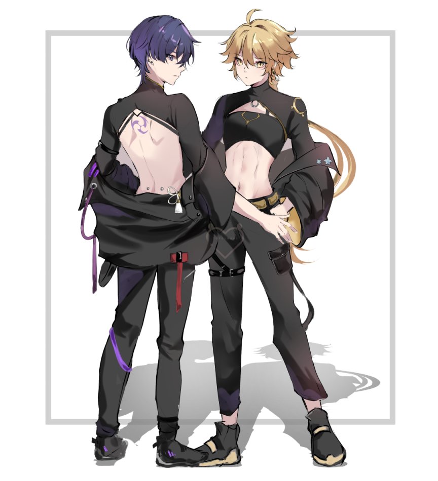 2boys, aether_(genshin_impact), back, back_tattoo, belt, black_footwear, black_jacket, black_pants