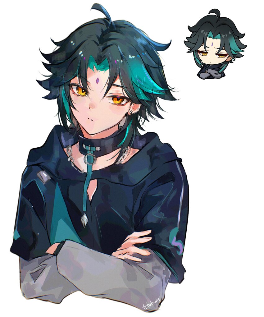 1boy, absurdres, black_hair, black_hood, crossed_arms, earrings, facial_mark, forehead_mark