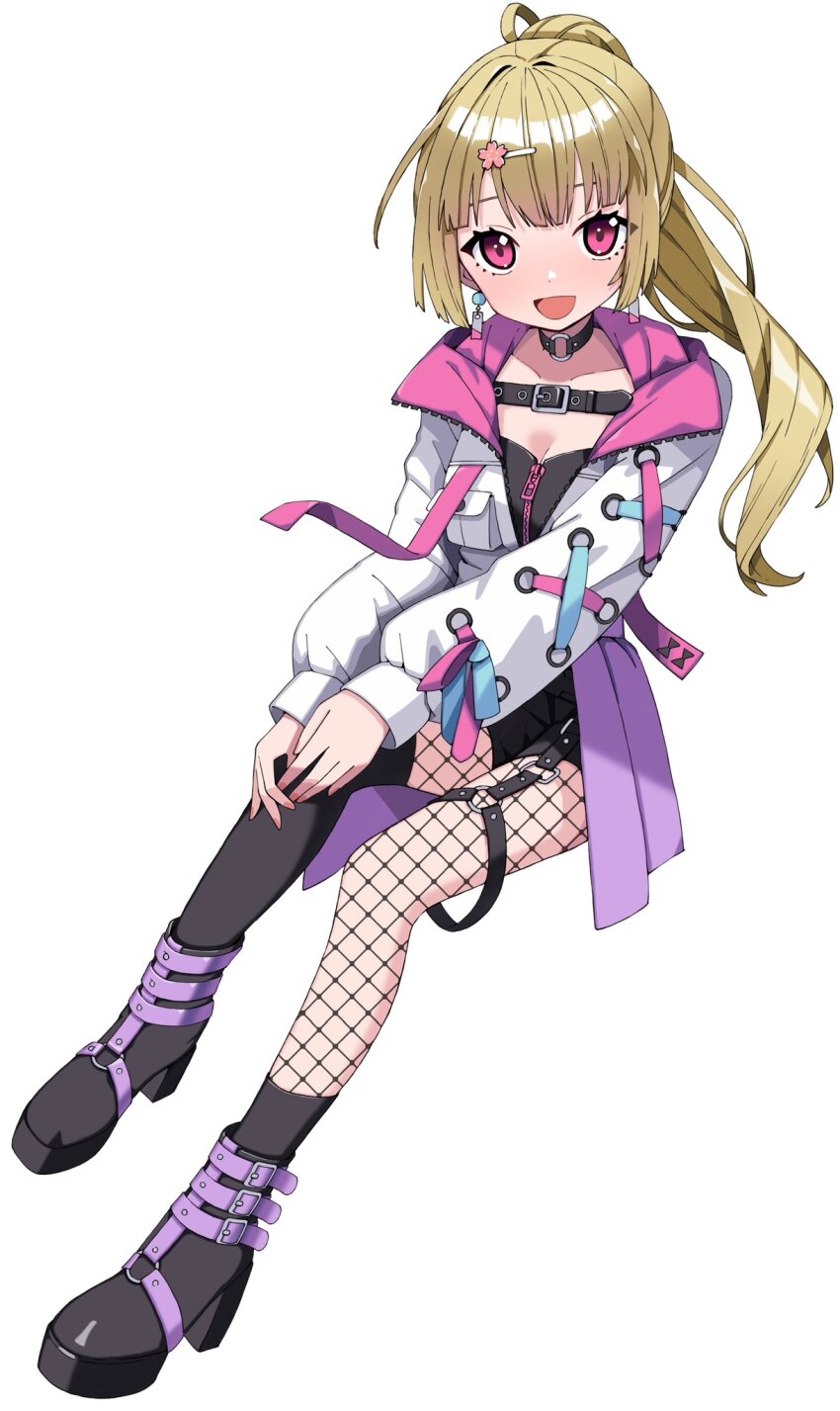 1girl, :d, asymmetrical_legwear, belt, belt_collar, black_belt, black_boots, black_shirt